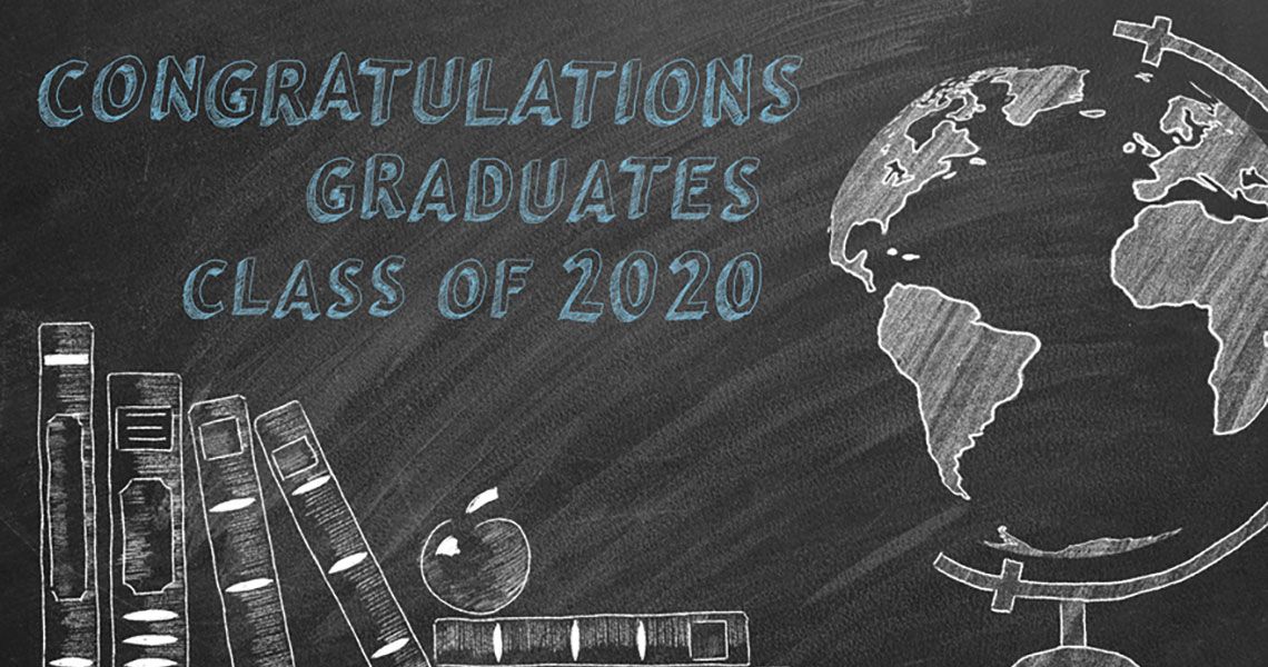Congratulations graduates class of 2020 | books leaning on each other next to an apple and a globe, all illustrated in chalkboard style