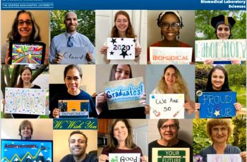 Biomedical Laboratory Sciences faculty stand with signs in different photos to spell out 'congratulations class of 2020 biomedical laboratory sciences department graduates! We are so proud of your achievements. We wish you good luck in your future endeavors!
