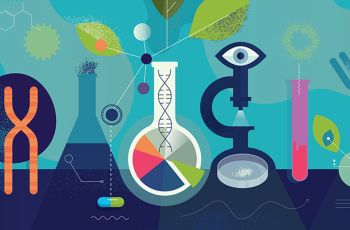 Science research symbols and objects lined up on a surface